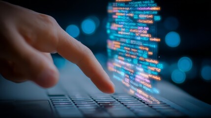 Close-up of a hand pressing keys on a laptop keyboard with colorful code displayed on the screen, illuminated by blue and green lights in a dark environment