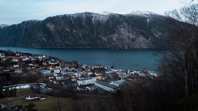 Time lapse of Stranda, a small town in Norway surrounded by fjords and mountains on a bright day