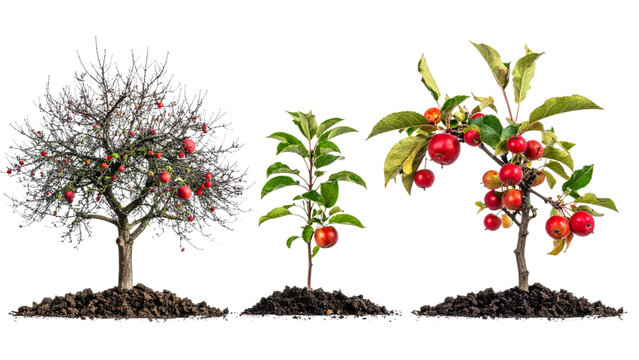 Stages of apple tree growth from seed to seedling sapling mature tree with red fruit and dormant winter tree for life cycle and nature education
