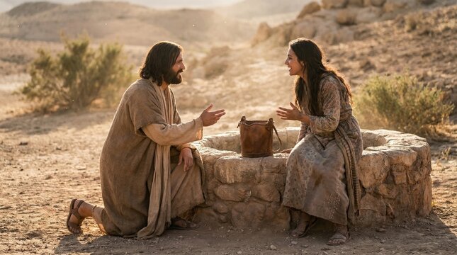 Jesus Christ talking with Samaritan woman at Jacob well in desert. Biblical scene depicting Gospel encounter. Religious christianity concept for spiritual inspiration and religious art.