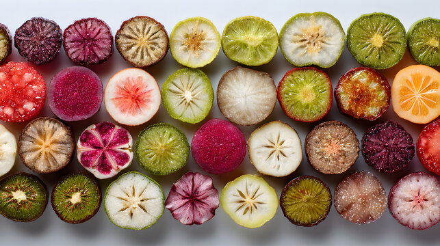 Colorful cross sections of various rare fruits arranged neat rows showing textures and seeds, vibrant botanical study with scientific display