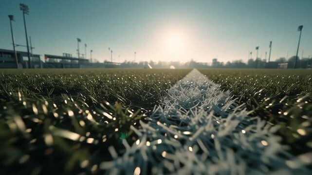 vista baja de l cescep y raya blanca en un estadio deportivo moderno con luz brillante del sol al fondo