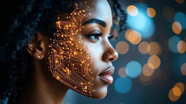 Close-up of a woman's face with glowing orange circuit board patterns illuminating her skin