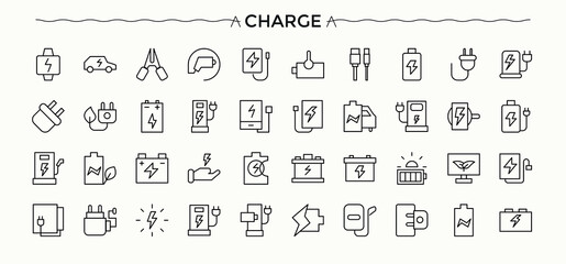 Charging icon set. Includes symbols for battery, charger, station, electricity, charge, power and more. Charger icon set. Icons for website. Editable stroke collections.