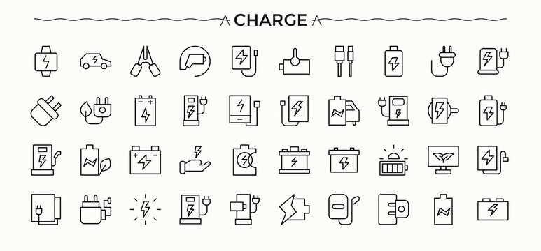 Charging icon set. Includes symbols for battery, charger, station, electricity, charge, power and more. Charger icon set. Icons for website. Editable stroke collections.