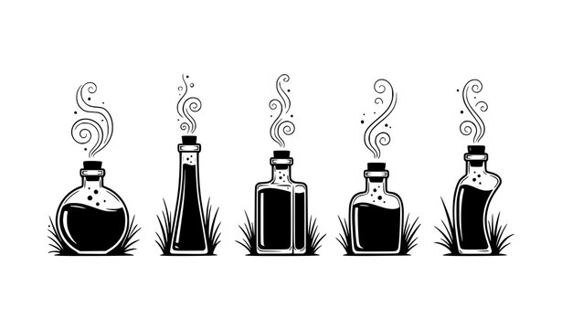 Black silhouette magic potion bottles with swirling smoke and grass fantasy witchcraft vector set
