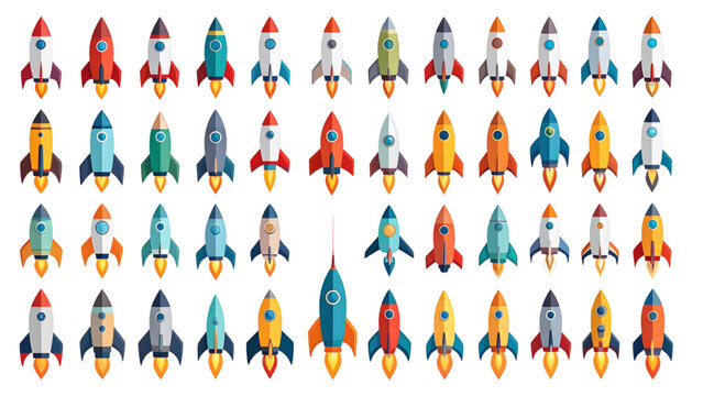 A set of rocket ship icons in various styles and colors. Simple vector illustrations for space, launch, and technology concepts. Flat style for web, apps, and presentations on a white background.