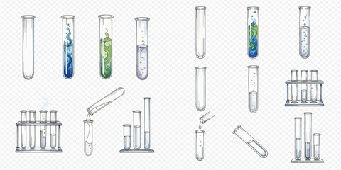 Obraz premium Set of hand-drawn test tubes with various liquids, bubbles, and empty laboratory glassware for scientific experiments and chemical research.