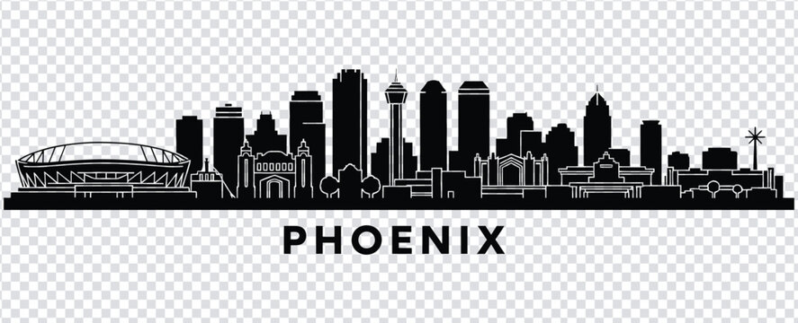 Black silhouette of phoenix city skyline with notable buildings and stadiums