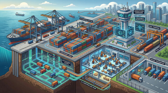 Smart Maritime Logistics Port With Automated Cargo Handling And AI Controlled Operations Infrastructure Illustration