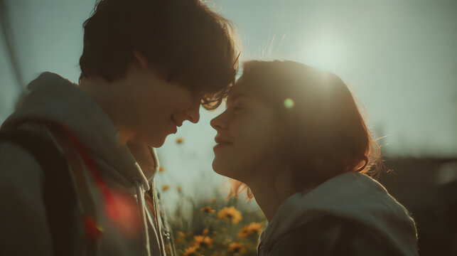 Young couple tender romantic moment in golden backlight, gentle smile and close forehead touch conveying affection and warmth