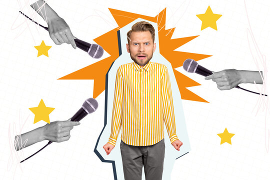 Composite photo collage of irritated man podcaster interview hand hold microphone celebrity presentation isolated on painted background