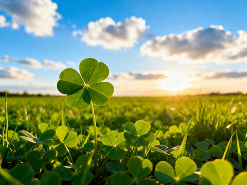 Lucky four leaf clover close up in green nature background