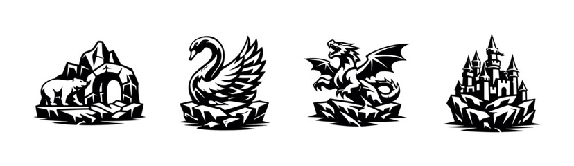 Obraz premium Black and white animal and fantasy elements silhouette set with swan dragon and castle