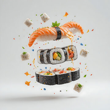 floating exploded realistic sushi & sashimi 