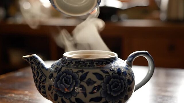 Steaming hot beverage being poured from a decorative ceramic teapot