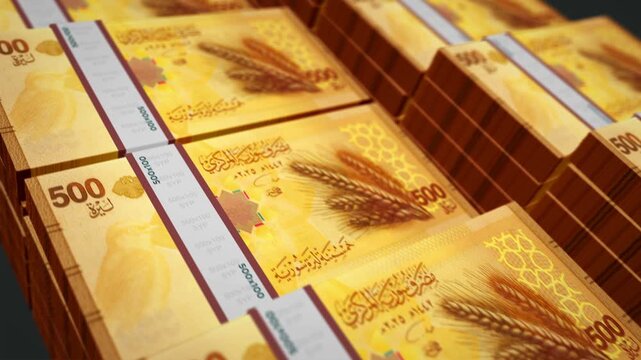 Syria pounds Syrian money pack loop 3d animation. Loopable seamless concept of finance, cash, economy, business and bank. Camera moving over 500 SYP banknote bundle stacks.