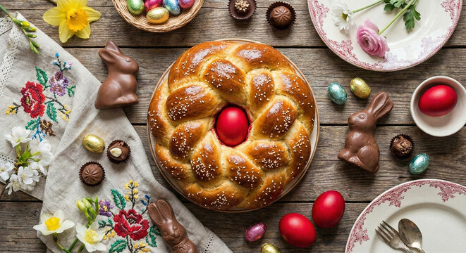 Traditional easter table with braided bread red eggs and chocolate
