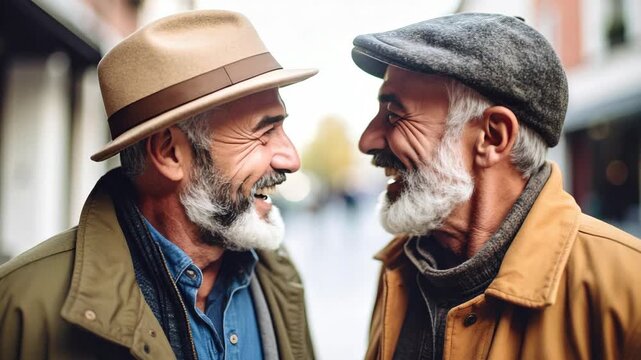 Two smiling elderly men in hats share a warm conversation outdoors