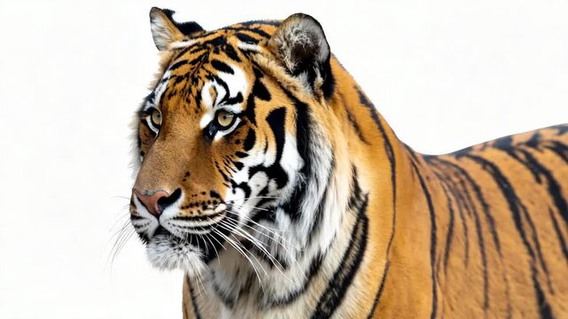 Majestic tiger with striking orange and black stripes gazes intently against a clean white background