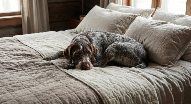 Hunting dog wirehaired pointing griffon resting on cozy made bed in country house or hotel