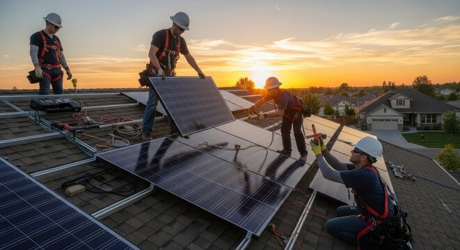 Solar panel installation on a residential roof during sunset for sustainable energy