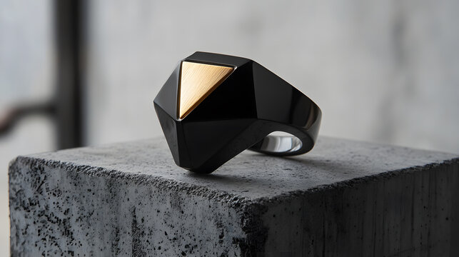 Luxurious signet ring with faceted onyx and gold inlay showcased on a concrete block, highlighting refined craftsmanship in a raw setting.