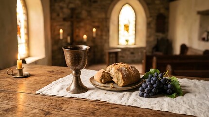 Naklejka premium Maundy Thursday ceremony setup with bread, grapes, and chalice on a wooden table in a serene church atmosphere.
