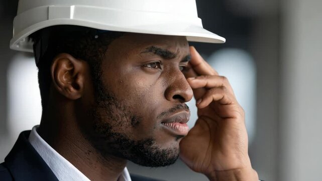 Close-up profile of a Black man wearing a white hard hat touching his forehead in thought