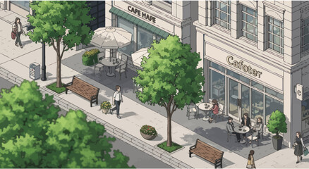 Charming European Street Scene: People Relaxing at Outdoor Cafe Tables © Ika