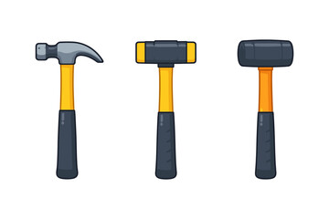 Three different types of hammers and mallets displayed in a row on a white background