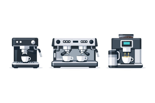 Collection of three different types of modern espresso machines making coffee