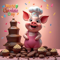 Fototapeta premium Adorable cartoon pig chef with a chocolate fountain and cupcakes celebrating World Chocolate Day with colorful confetti