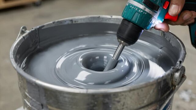 Closeup medium shot of gray elastomeric roof coating being mixed with a drill mixer focusing on the uniform blending of flexible liquid membrane for durable roof protection.