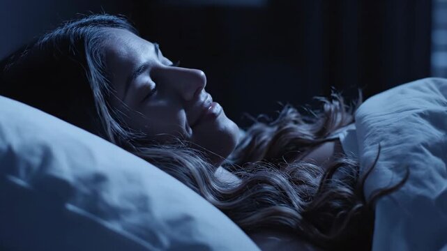 peaceful caucasian young woman sleeping in bed at night. calm female resting on white pillow under blanket in dark bedroom with blue moonlight. healthy sleep, relaxation, dreaming, lifestyle.
