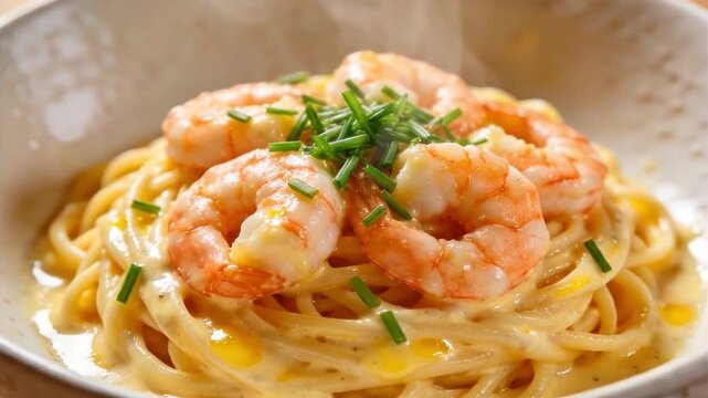 Creamy shrimp pasta dish with fresh chives and rich sauce, suitable for food blogs, restaurant menus, cooking shows, recipe books, and culinary advertising.