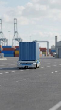 Autonomous Cargo Transport Vehicle Carrying Shipping Container in Modern Port Logistics Terminal