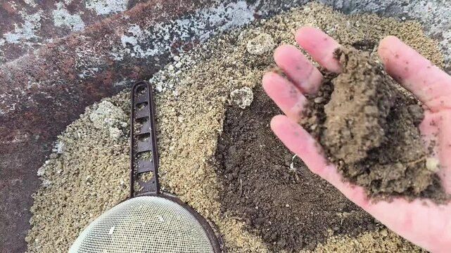 Authentic Real Footage of Sifting and Mixing Homemade Eco-Friendly Potting Soil with Compost and Sand