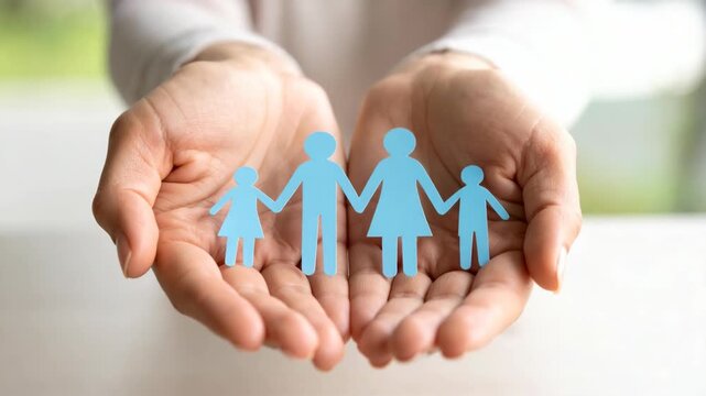 Hands holding blue paper family silhouette cutout figures representing protection and unity