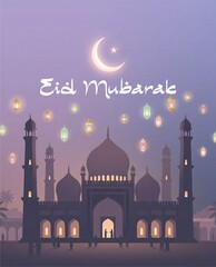 Peaceful Eid Night with Crescent Moon Above Indian Mosque Minimal Illustration