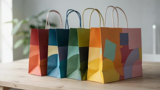 Colorful matte paper shopping bags with vibrant store logos stacked neatly on a wooden table showcasing ecofriendly retail packaging in a bright modern setting.
