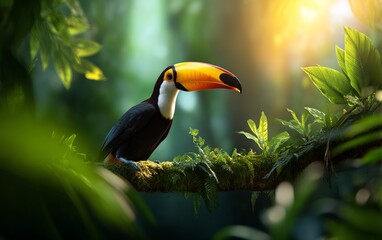 Fototapeta premium Vibrant Toucan Perched on Branch Amidst Lush Amazon Forest Canopy