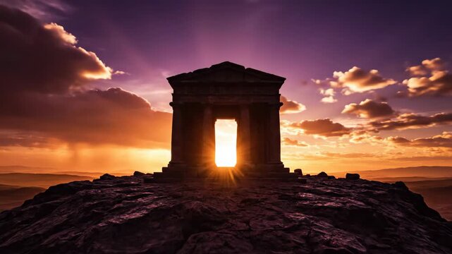 silhouette of ancient stone tomb on rocky hill at sunrise with dramatic sun rays. easter resurrection concept. empty sepulchre, holy land. religious background, church media, documentary.