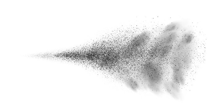 Spray splatter texture background. Black droplets spreading outward into dispersed dots with smoke cloud on white backdrop. Dynamic aerosol flow. Minimal vector illustration with monochrome style.
