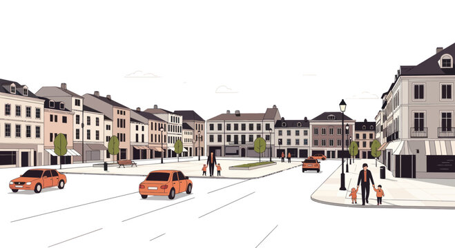 European Town Square with Cars and People Walking