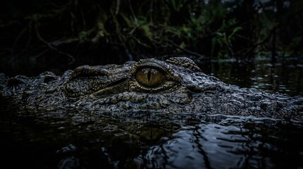 Fototapeta premium crocodile eye close up in dark swamp water with reflection