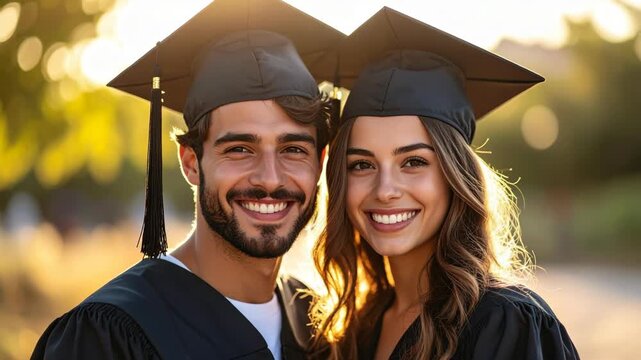 Joyful young couple in graduation caps and gowns smiling outdoors