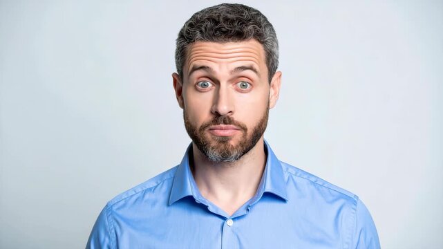 Man with surprised expression, wide eyes and furrowed brow, wearing a blue collared shirt
