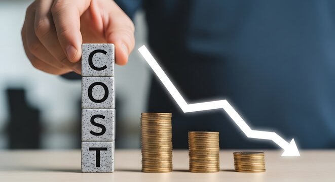 Professional image of a hand adjusting wooden cost blocks next to gold coins on a rising graph, illustrating business expense reduction and financial strategy in bright lighting.