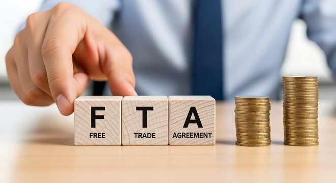 Professional image of a business hand placing FTA blocks on gold coin stacks symbolizing free trade agreement success and financial growth strategy.